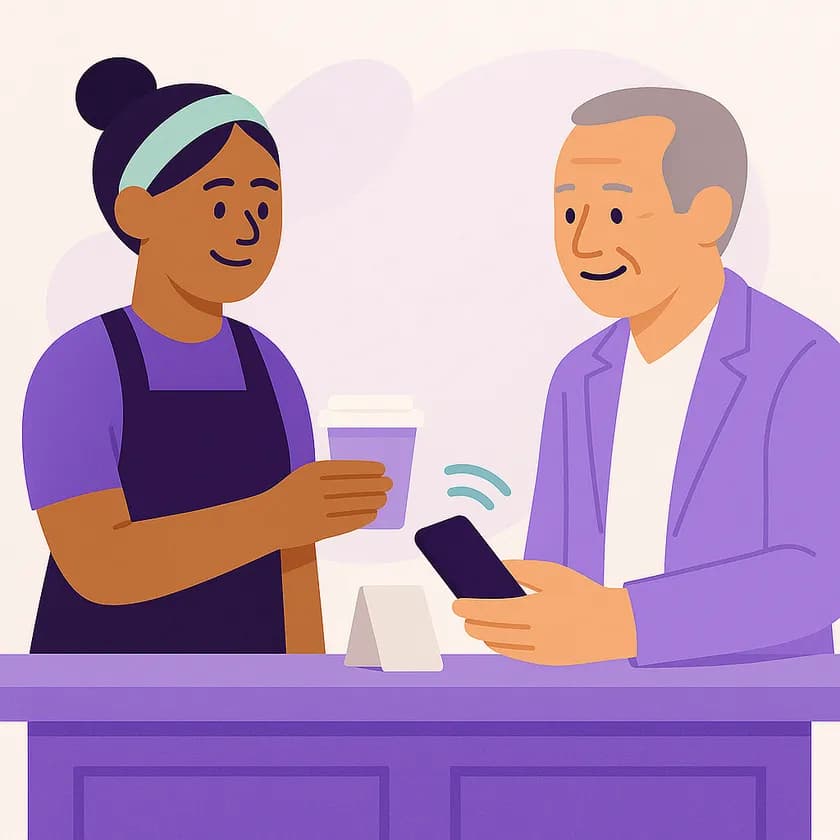 A happy customer at a café counter
