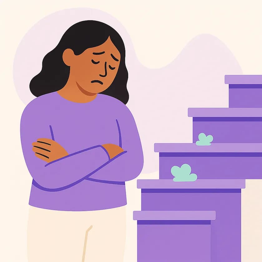 A customer frowning at dust left on her stairs