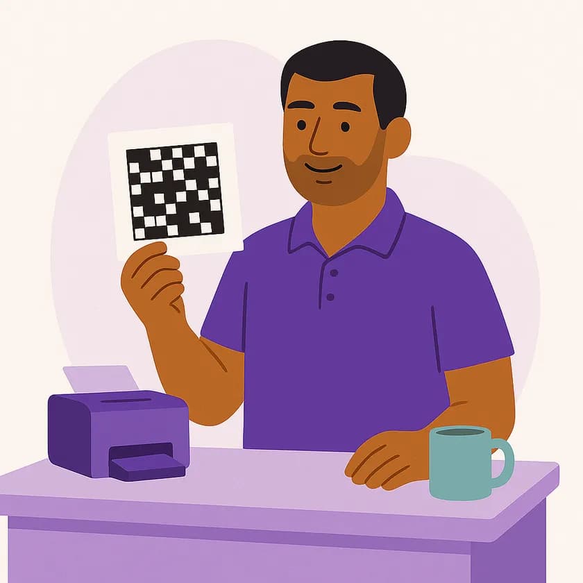 An owner holding up a freshly printed QR sheet