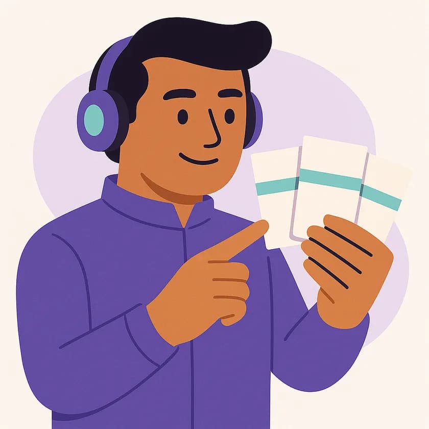 Premo holding three cards with the same line marked on each