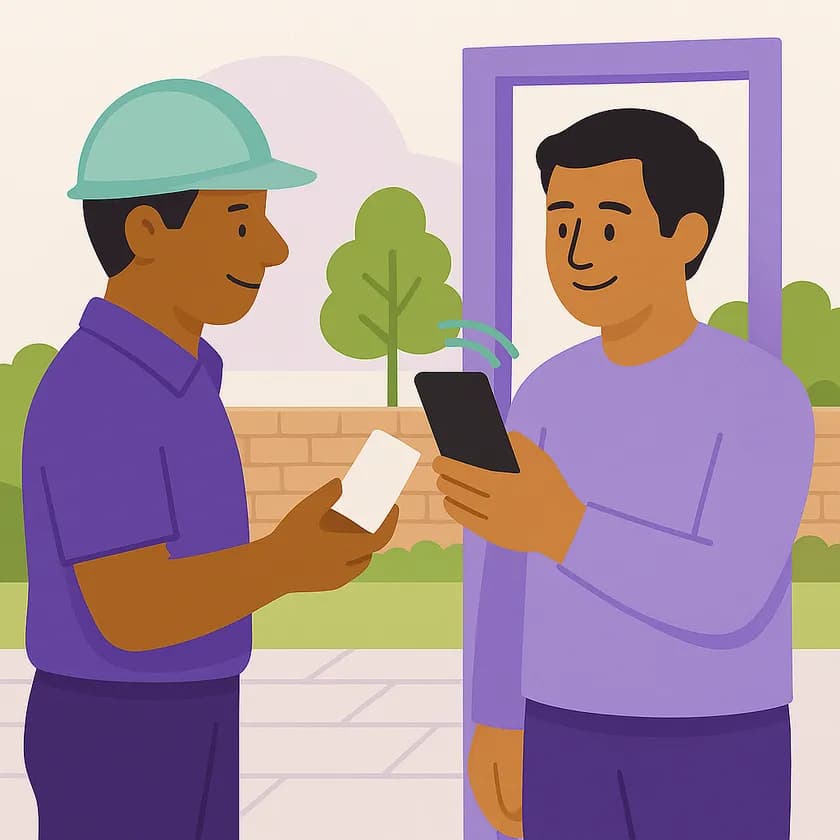 A builder holding his card to a customer's phone on a new patio