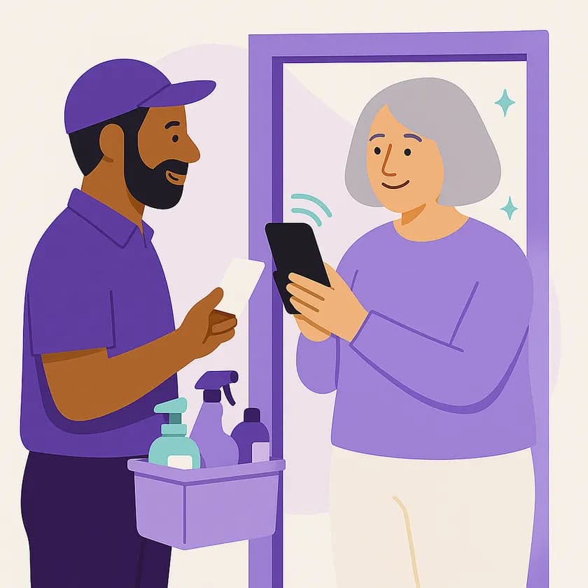 A cleaner holding his card to a customer's phone at her door
