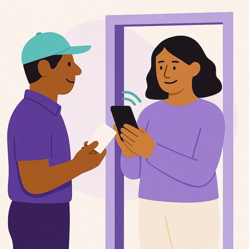 A plumber holding his card to a customer's phone at her door
